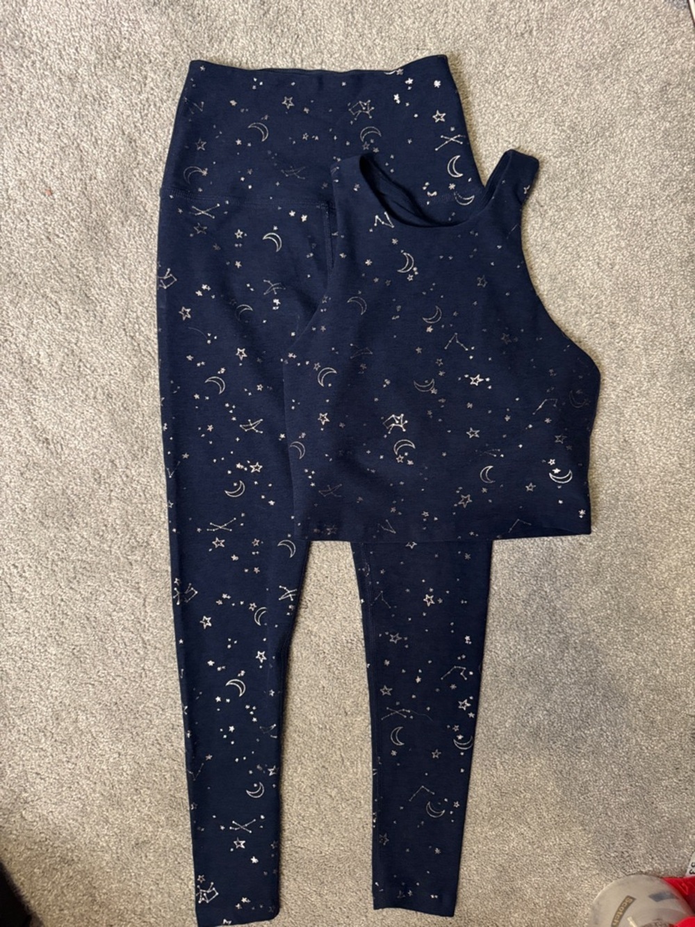 Beyond Yoga Set Navy Leggings and Top with Metallic Star & Moon Print